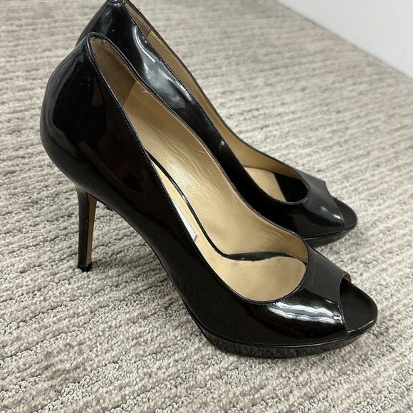Jimmy Choo Black Patent Leather Luna Peep Toe Platform Heels 38.5/ 8.5 - Picture 5 of 14